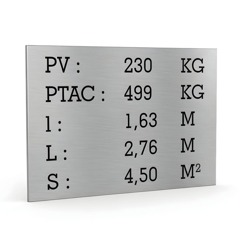Plaque de tare argent texte noir pour remorque caravane utilitaire - Marquage gravure laser - Plaque constructeur- 100 x 70 mm Plaque de tare argent texte noir pour remorque caravane utilitaire - Marquage gravure laser - Plaque constructeur- 100 x 70 mm