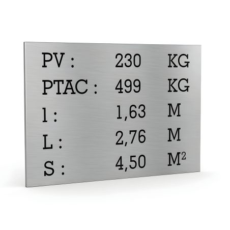 Plaque de tare argent texte noir pour remorque caravane utilitaire - Marquage gravure laser - Plaque constructeur- 100 x 70 mm