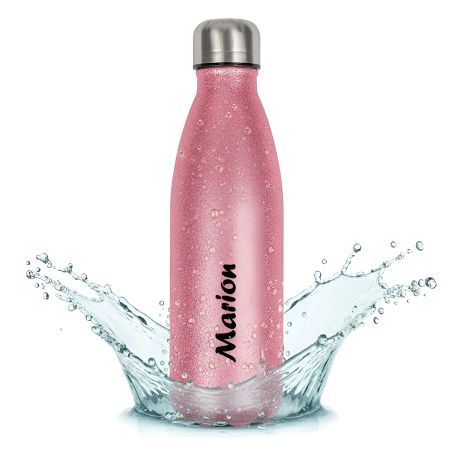 Bouteille isotherme personnalisée rose pailletée 500 ml – Prénom, message et symbole en impression noire – Cadeau original et éc
