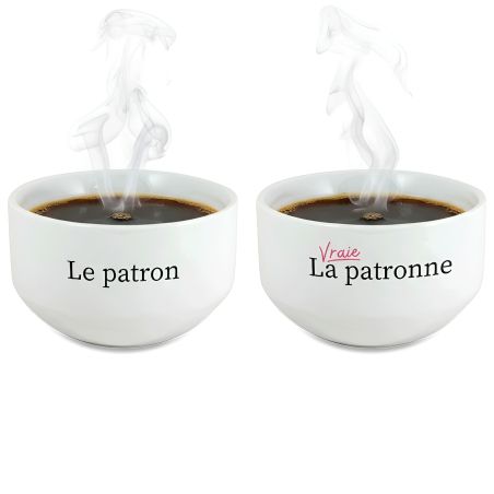 Pack de 2 bols modèle Patronne humoristique personnalisables avec Prénom - Cadeau personnalisé couple - Saint-Valentin