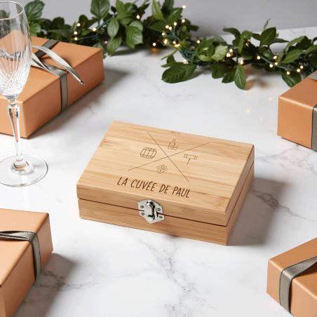 Coffret en bambou personnalisé + 3 accessoires à vin | Modèle Cuvée
