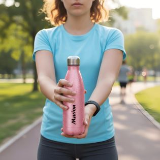 Bouteille isotherme personnalisée rose pailletée 500 ml – Prénom, message et symbole en impression noire – Cadeau original et éc