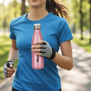 Bouteille isotherme personnalisée rose pailletée 500 ml – Prénom, message et symbole en impression noire – Cadeau original et éc