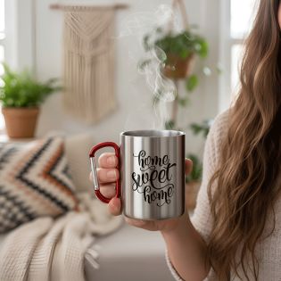 Tasse à café double paroi en inox avec Mousqueton personnalisable avec texte, photo et logo · 20 cl
