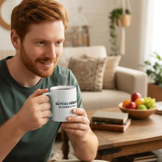 Mug personnalisé Fête des Pères 33 cl – Texte Super Héros imprimé en France – Cadeau papa original en céramique blanche