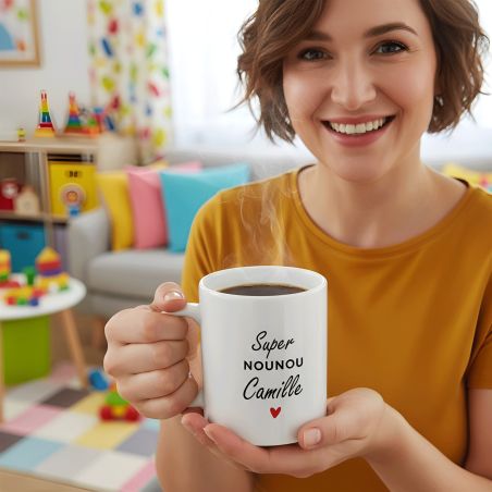 Mug Super Nounou personnalisable avec Texte ou Prénom · Cadeau personnalisé nourrice ou assistante maternelle - 33 cl, Céramique