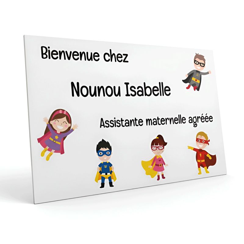 Plaque Nounou personnalisable pour boite aux lettres - Pancarte assistante maternelle agréée personnalisée - Modèle Mini héros Plaque Nounou personnalisable pour boite aux lettres - Pancarte assistante maternelle agréée personnalisée - Modèle Mini héros