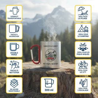 Tasse pour escalade double paroi en inox avec Mousqueton personnalisable · 33 cL
