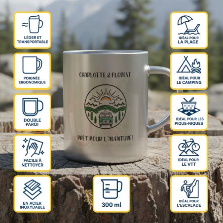 Tasse à café double paroi en inox personnalisable · Vaisselle idéale pour le camping · 33 cL