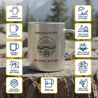 Mug inox double paroi personnalisable - Tasse métal 33 cl - Léger, résistant, idéal randonnée et bureau - Personnalisation texte