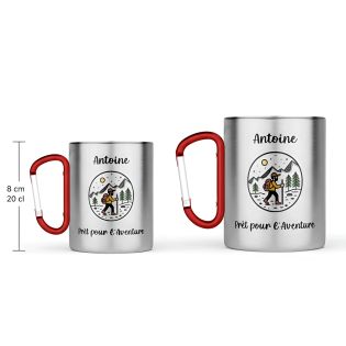 Tasse à café inox double paroi - Mug inox avec mousqueton - 20 cl, personnalisable texte, photo, logo - robuste, légère, pratiqu