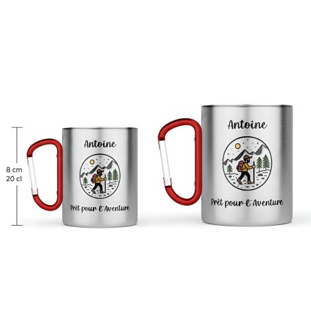 Tasse à café inox double paroi - Mug inox avec mousqueton - 20 cl, personnalisable texte, photo, logo - robuste, légère, pratiqu