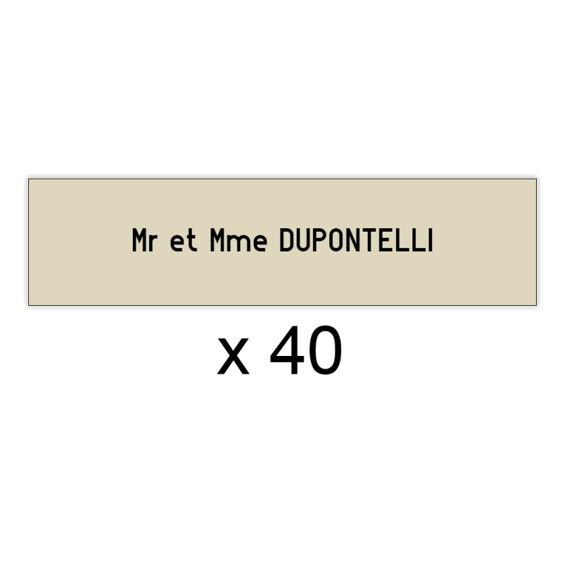 Lot de 40 plaques beige lettres noires pour boite aux lettres Decayeux (100x25mm) pour copropriété, syndic immeuble Lot de 40 plaques beige lettres noires pour boite aux lettres Decayeux (100x25mm) pour copropriété, syndic immeuble