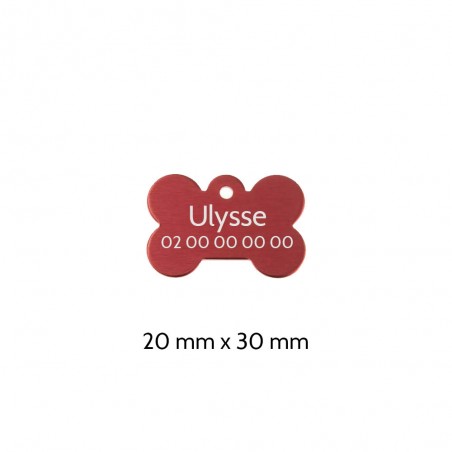 Médaillon Rouge en forme d'os pour chien à personnaliser sur 1 à 2 lignes - Petit format 20x30 mm