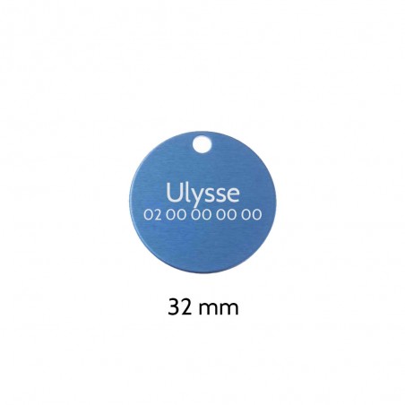 Grande médaille ronde Bleue pour chien et chat avec gravure personnalisée 1 à 2 lignes - Diamètre 32 mm