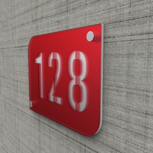 Plaque numéro de rue / maison rouge design avec fond personnalisable - Modèle URBAN