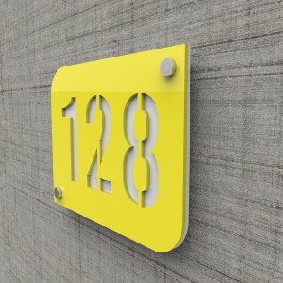 Plaque numéro de rue / maison jaune design avec fond personnalisable - Modèle URBAN