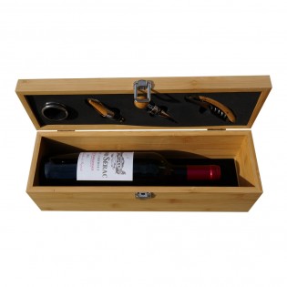 Coffret à vin en bambou personnalisée avec prénom "LA CAVE A VIN DE" - Caisse vin bambou avec 4 pièces de service