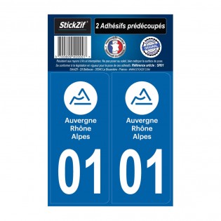 2 autocollants stickers plaque immatriculation Région Auvergne Rhône Alpes - Département 01 Ain Officiel