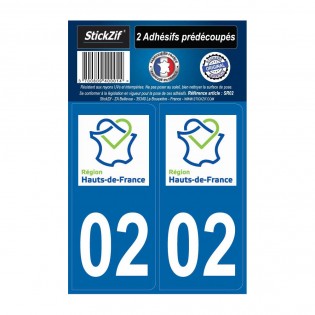2 autocollants stickers plaque immatriculation Région Hauts de France - Département 02 Aisne Officiel