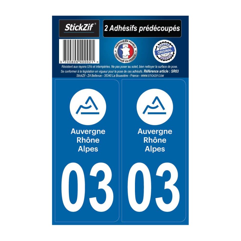 2 autocollants stickers plaque immatriculation Région Auvergne Rhône Alpes - Département 03 Allier Officiel 2 autocollants stickers plaque immatriculation Région Auvergne Rhône Alpes - Département 03 Allier Officiel