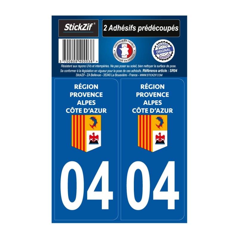 2 autocollants stickers plaque immatriculation Région PACA - Département 04 Alpes de Haute Provence Officiel