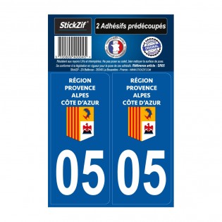 2 autocollants stickers plaque immatriculation Région Provence Alpes Côte d'Azur - Département 05 Hautes Alpes Officiel