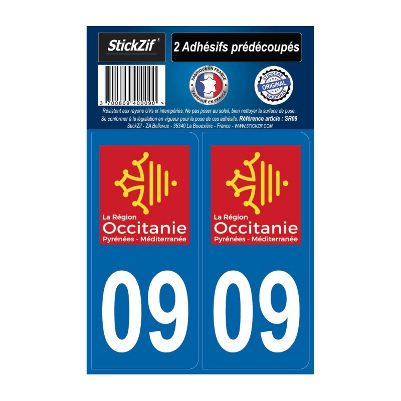 2 autocollants stickers plaque immatriculation Région Occitanie - Département 09 Ariège Officiel