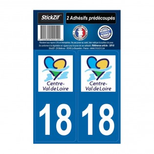 2 autocollants stickers plaque immatriculation Région Centre Val de Loire - Département 18 Cher Officiel