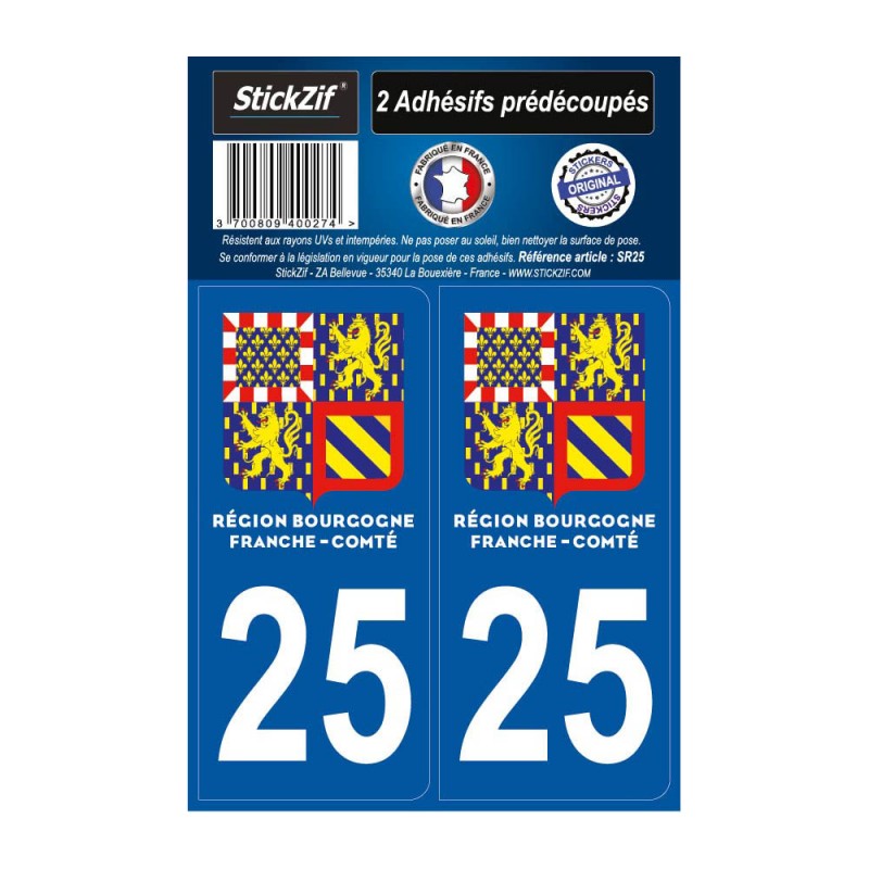 2 autocollants stickers plaque immatriculation Région Bougogne Franche Comté - Département 25 Doubs Officiel 2 autocollants stickers plaque immatriculation Région Bougogne Franche Comté - Département 25 Doubs Officiel