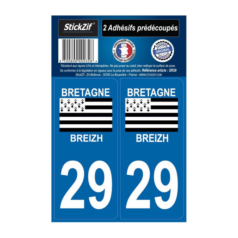2 autocollants stickers plaque immatriculation Région Bretagne - Département 29 Finistère Officiel