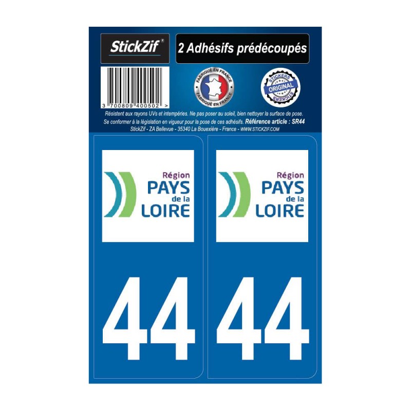 2 autocollants stickers plaque immatriculation Région Pays de Loire - Département 44 Loire Atlantique Officiel 2 autocollants stickers plaque immatriculation Région Pays de Loire - Département 44 Loire Atlantique Officiel
