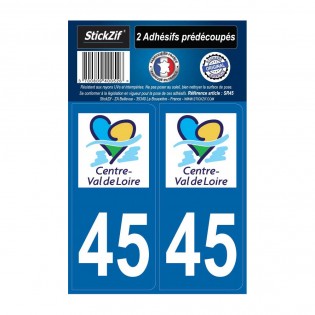 2 autocollants stickers plaque immatriculation Région Centre Val de Loire - Département 45 Loiret Officiel