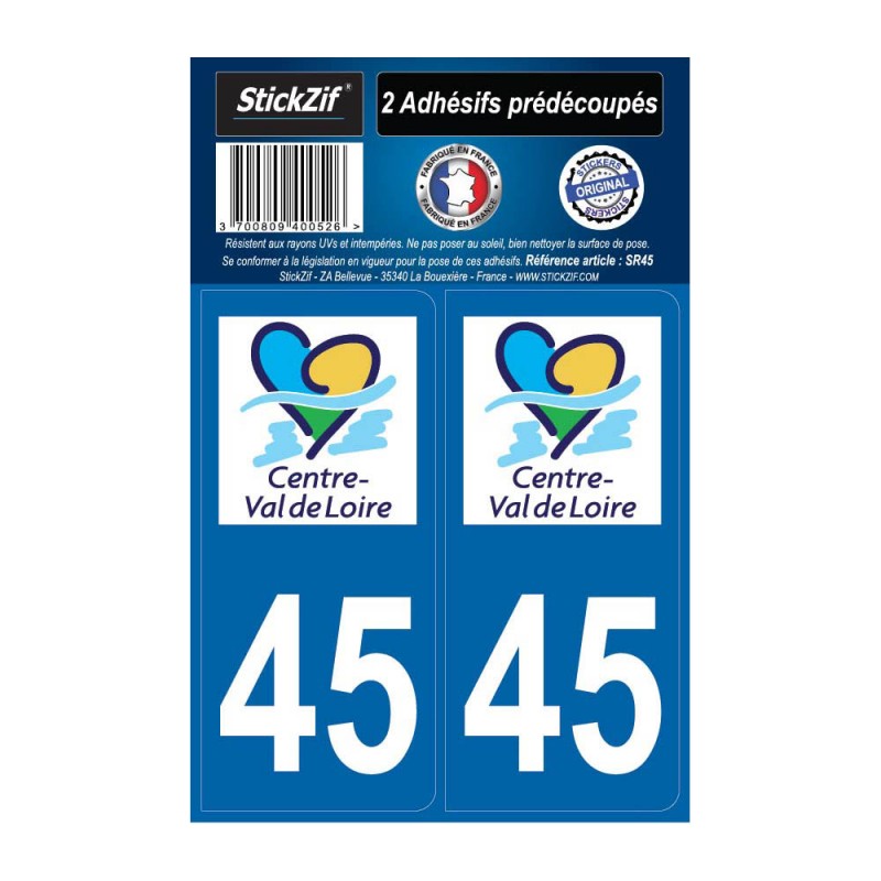 2 autocollants stickers plaque immatriculation Région Centre Val de Loire - Département 45 Loiret Officiel 2 autocollants stickers plaque immatriculation Région Centre Val de Loire - Département 45 Loiret Officiel