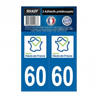 2 autocollants stickers plaque immatriculation Région Hauts de France - Département 60 Oise Officiel