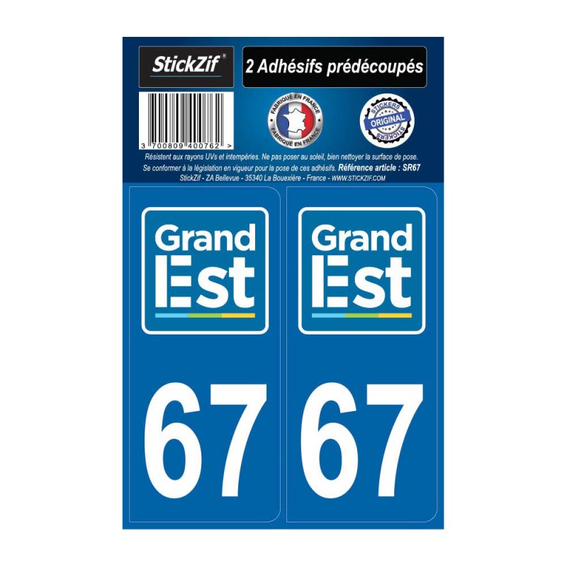 2 autocollants stickers plaque immatriculation Région Grand Est - Département 67 Bas Rhin Officiel
