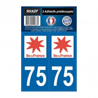2 autocollants stickers plaque immatriculation Région Ile de France - Département 75 Paris Officiel