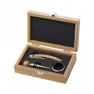 Coffret 3 accessoires à vin en bambou - Cadeau personnalisable coffret sommelier - Modèle Cuvée