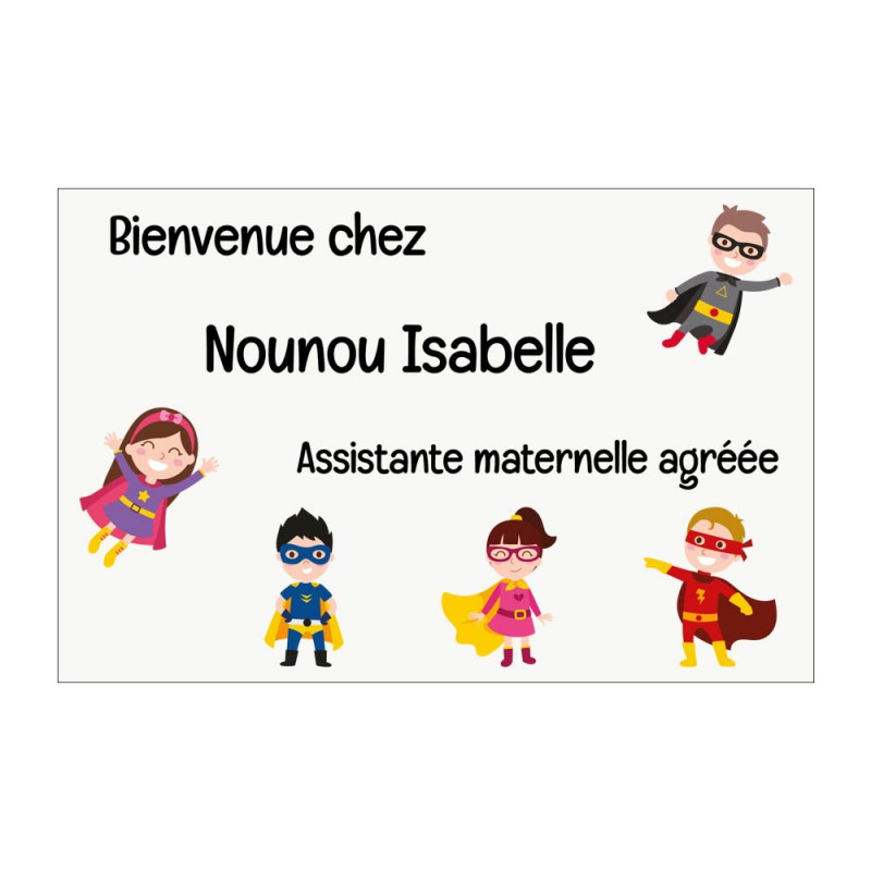 Plaque Nounou personnalisable pour boite aux lettres - Pancarte assistante maternelle agréée personnalisée - Modèle Mini héros Plaque Nounou personnalisable pour boite aux lettres - Pancarte assistante maternelle agréée personnalisée - Modèle Mini héros