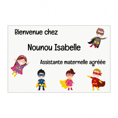 Plaque Nounou personnalisable pour boite aux lettres - Pancarte assistante maternelle agréée personnalisée - Modèle Mini héros