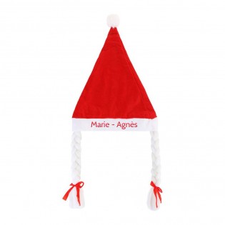 Bonnet chapeau Mère Noël avec tresses à personnaliser avec un prénom - Déguisement Noël