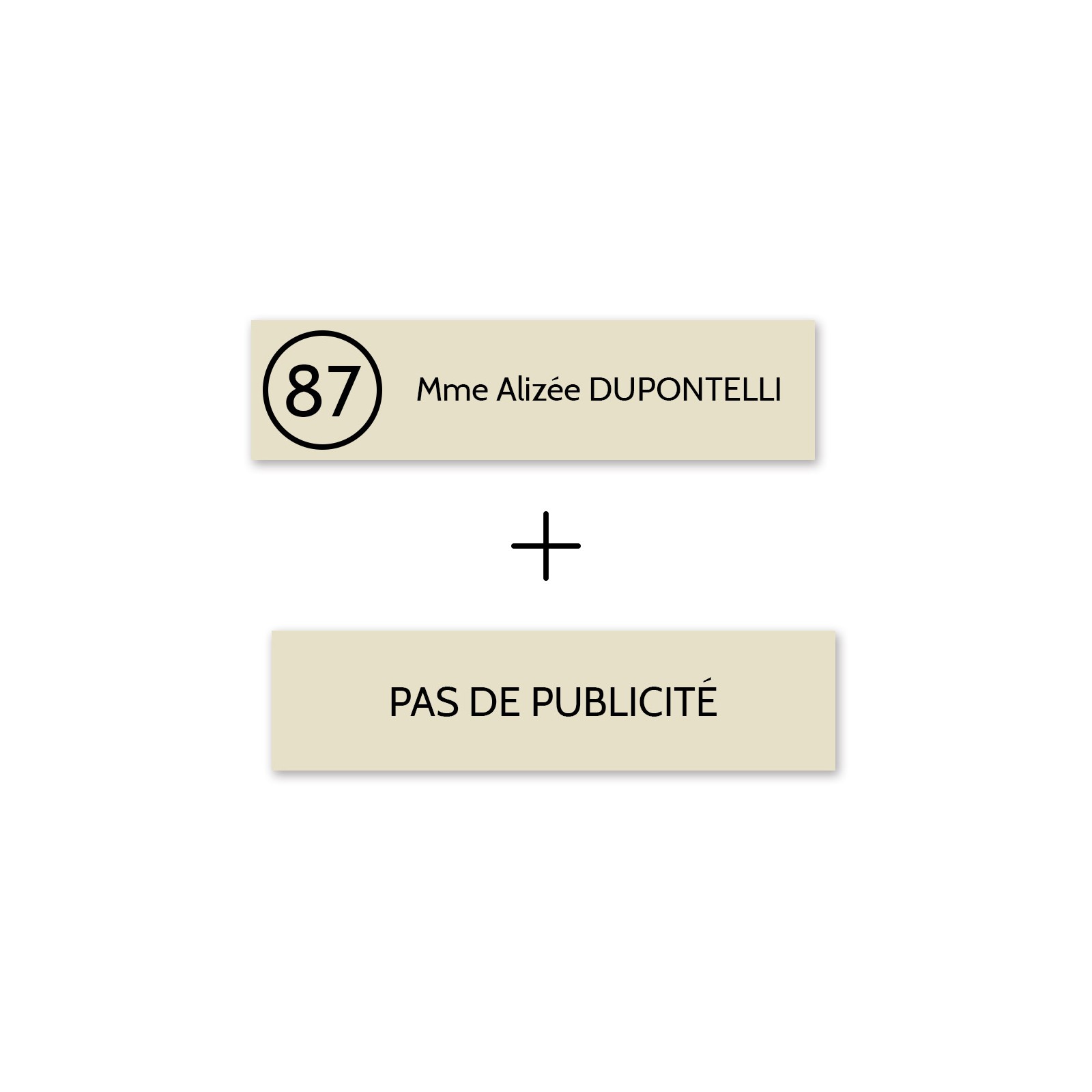 Plaque boîte aux lettres Decayeux NOM - NUMÉRO + Plaque STOP PUB | 1 ligne