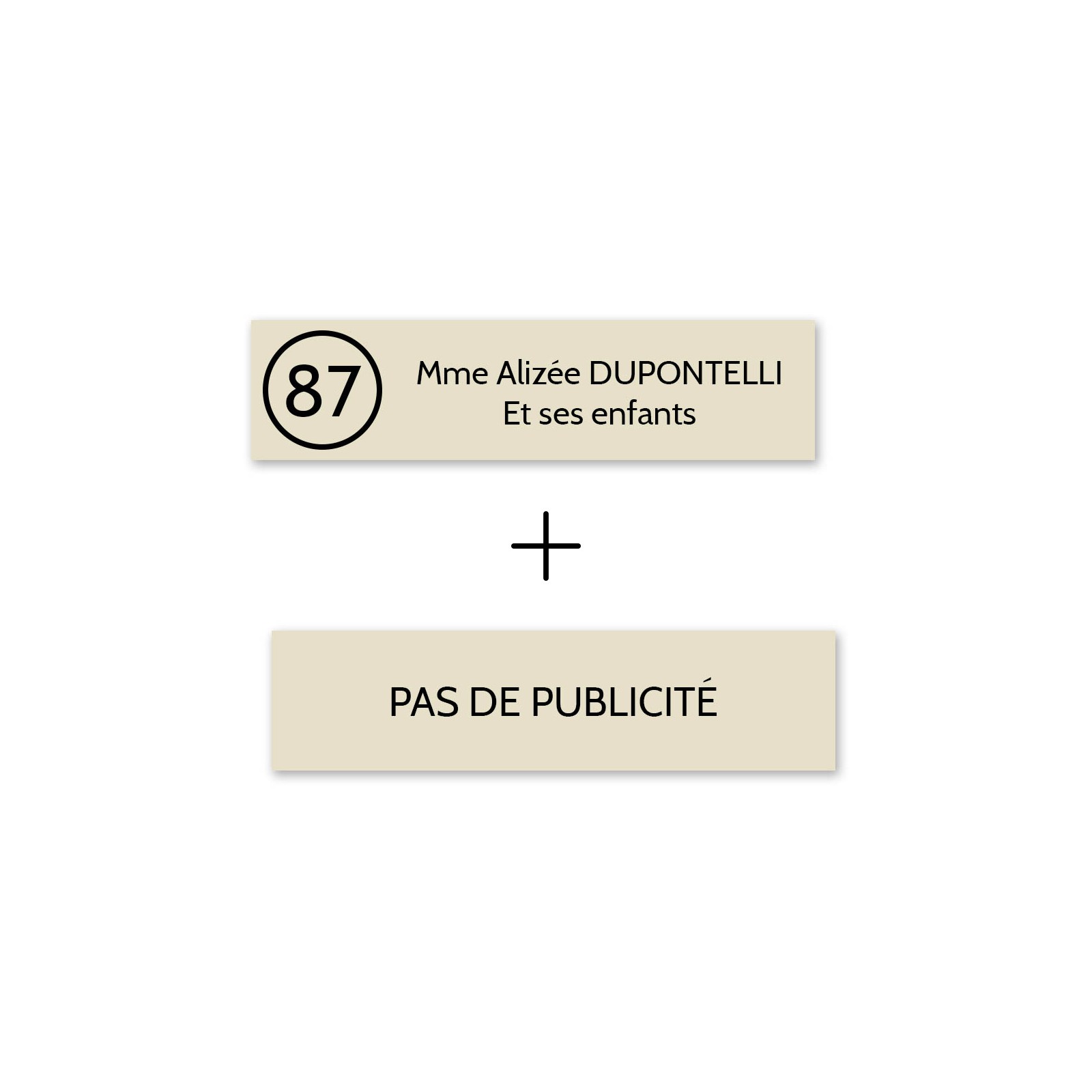 Plaque boîte aux lettres Decayeux NOM - NUMÉRO + Plaque STOP PUB | 2 lignes