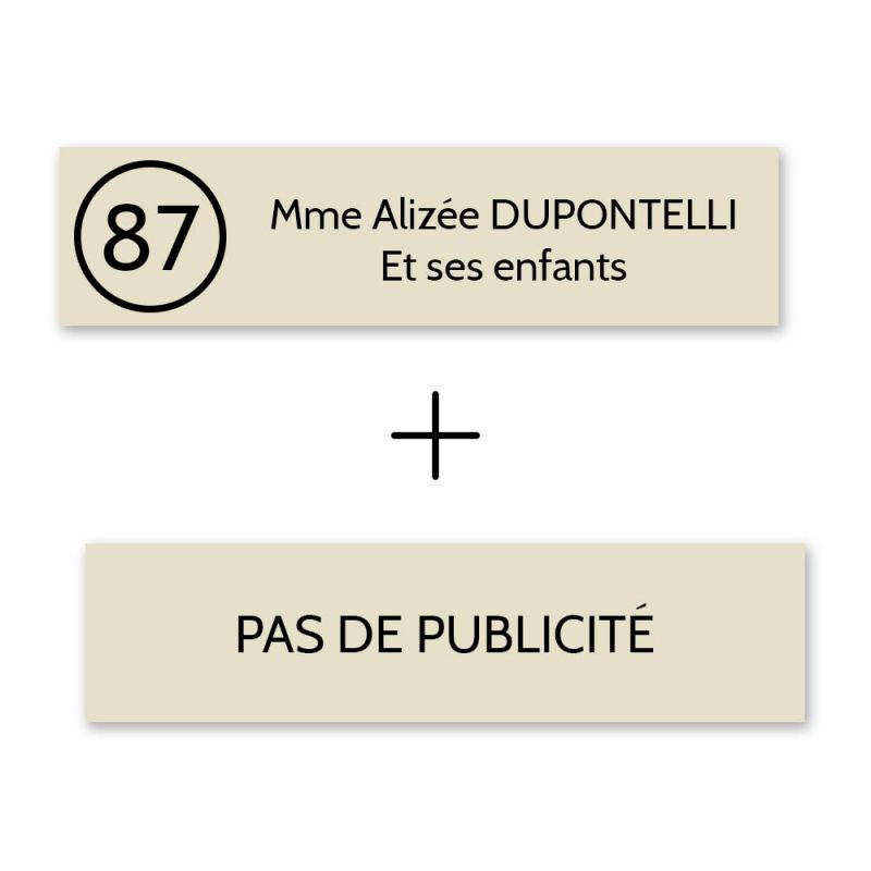 Plaque boîte aux lettres Decayeux NOM - NUMÉRO + Plaque STOP PUB | 2 lignes