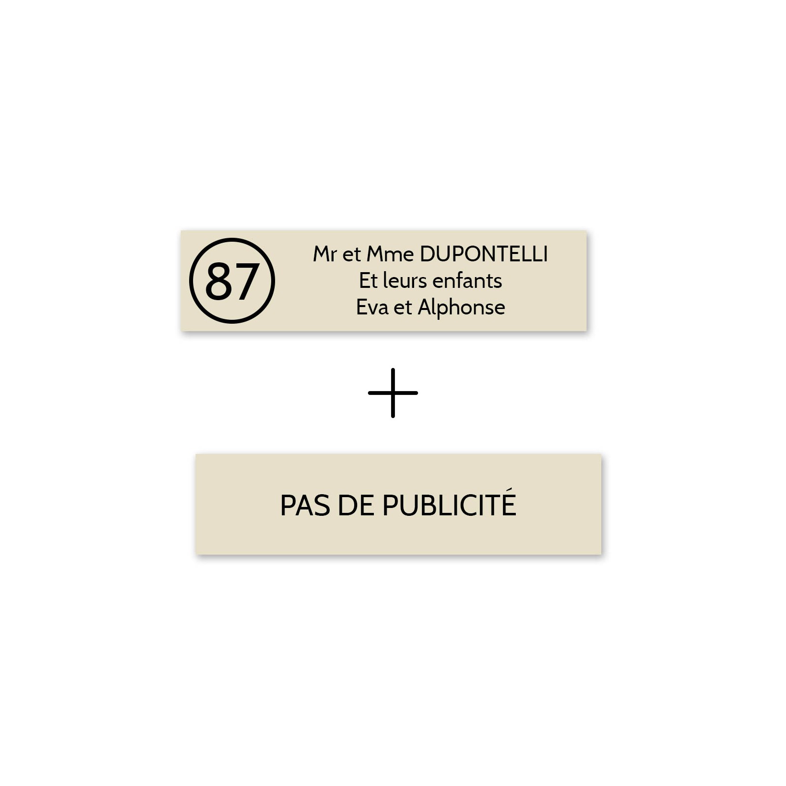 Plaque boîte aux lettres Decayeux NOM - NUMÉRO + Plaque STOP PUB | 3 lignes