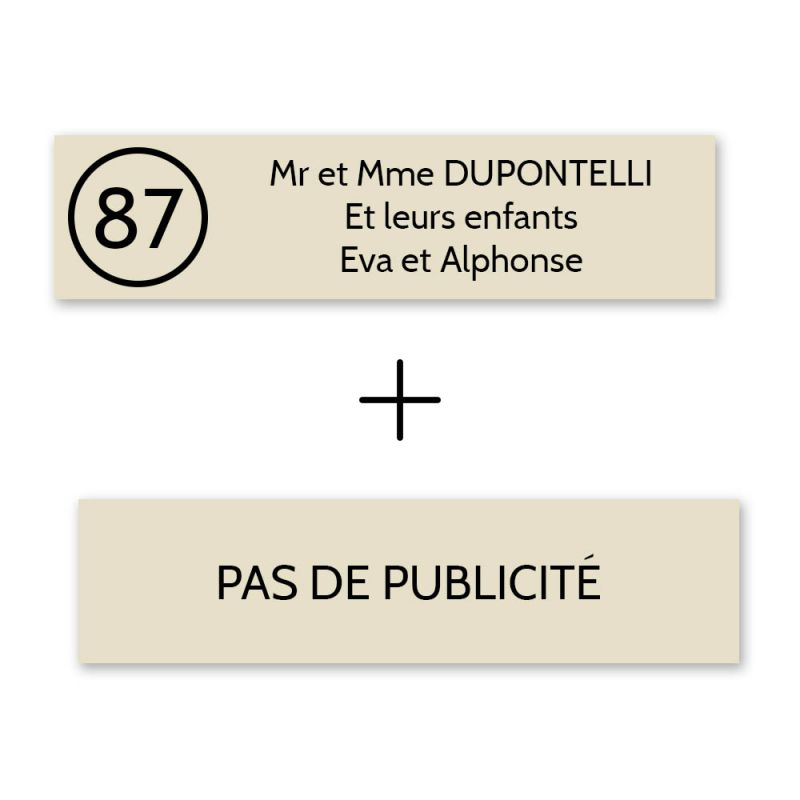 Plaque boîte aux lettres Decayeux NOM - NUMÉRO + Plaque STOP PUB | 3 lignes